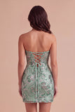 Sparkly Dark Green Bodycon Floral Strapless Sequins Short Cocktail Dress