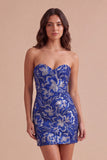 Sparkly Dark Green Bodycon Floral Strapless Sequins Short Cocktail Dress