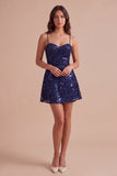 Navy Sparkly Sequins A-Line Spaghetti Straps Short Cocktail Dress