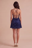 Navy Sparkly Sequins A-Line Spaghetti Straps Short Cocktail Dress