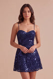 Navy Sparkly Sequins A-Line Spaghetti Straps Short Cocktail Dress