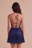Navy Sparkly Sequins A-Line Spaghetti Straps Short Cocktail Dress