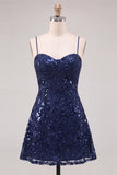 Navy Sparkly Sequins A-Line Spaghetti Straps Short Cocktail Dress