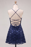 Navy Sparkly Sequins A-Line Spaghetti Straps Short Cocktail Dress