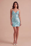 Sparkly Mint Green Bodycon Spaghetti Straps Sequins Short Cocktail Dress