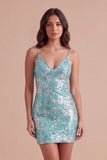 Sparkly Mint Green Bodycon Spaghetti Straps Sequins Short Cocktail Dress