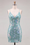 Sparkly Mint Green Bodycon Spaghetti Straps Sequins Short Cocktail Dress