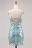 Sparkly Mint Green Bodycon Spaghetti Straps Sequins Short Cocktail Dress