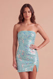 Red Sparkly Sequins Bodycon Strapless Short Cocktail Dress with Slit