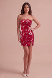Red Sparkly Sequins Bodycon Strapless Short Cocktail Dress with Slit