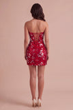 Red Sparkly Sequins Bodycon Strapless Short Cocktail Dress with Slit