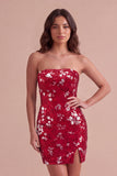 Red Sparkly Sequins Bodycon Strapless Short Cocktail Dress with Slit