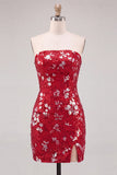 Red Sparkly Sequins Bodycon Strapless Short Cocktail Dress with Slit