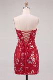 Red Sparkly Sequins Bodycon Strapless Short Cocktail Dress with Slit