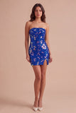 Red Sparkly Sequins Bodycon Strapless Short Cocktail Dress with Slit