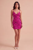 Sparkly Beaded Fuchsia Bodycon Spaghetti Straps Short Cocktail Dress