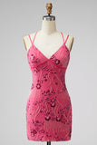Sparkly Beaded Fuchsia Bodycon Spaghetti Straps Short Cocktail Dress