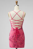 Sparkly Beaded Fuchsia Bodycon Spaghetti Straps Short Cocktail Dress