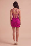 Sparkly Beaded Fuchsia Bodycon Spaghetti Straps Short Cocktail Dress