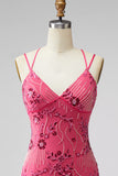 Sparkly Beaded Fuchsia Bodycon Spaghetti Straps Short Cocktail Dress