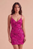Sparkly Beaded Fuchsia Bodycon Spaghetti Straps Short Cocktail Dress