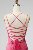 Sparkly Beaded Fuchsia Bodycon Spaghetti Straps Short Cocktail Dress