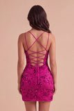 Sparkly Beaded Fuchsia Bodycon Spaghetti Straps Short Cocktail Dress