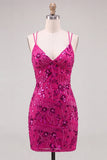 Sparkly Beaded Fuchsia Bodycon Spaghetti Straps Short Cocktail Dress