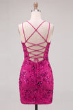 Sparkly Beaded Fuchsia Bodycon Spaghetti Straps Short Cocktail Dress