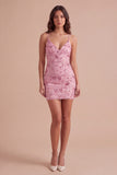 Sparkly Beaded Fuchsia Bodycon Spaghetti Straps Short Cocktail Dress