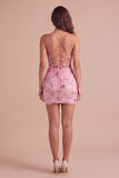 Sparkly Beaded Fuchsia Bodycon Spaghetti Straps Short Cocktail Dress