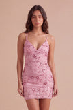 Sparkly Beaded Fuchsia Bodycon Spaghetti Straps Short Cocktail Dress