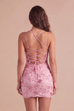 Sparkly Beaded Fuchsia Bodycon Spaghetti Straps Short Cocktail Dress