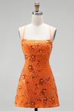 Sparkly Beaded Floral Pink A-Line Spaghetti Straps Short Cocktail Dress