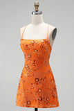 Sparkly Beaded Floral Pink A-Line Spaghetti Straps Short Cocktail Dress