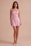Sparkly Beaded Floral Pink A-Line Spaghetti Straps Short Cocktail Dress