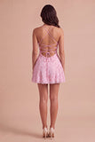 Sparkly Beaded Floral Pink A-Line Spaghetti Straps Short Cocktail Dress
