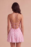 Sparkly Beaded Floral Pink A-Line Spaghetti Straps Short Cocktail Dress