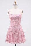 Sparkly Beaded Floral Pink A-Line Spaghetti Straps Short Cocktail Dress