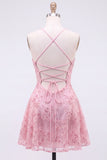 Sparkly Beaded Floral Pink A-Line Spaghetti Straps Short Cocktail Dress