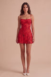 Sparkly Beaded Floral Pink A-Line Spaghetti Straps Short Cocktail Dress