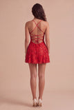 Sparkly Beaded Floral Pink A-Line Spaghetti Straps Short Cocktail Dress