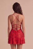 Sparkly Beaded Floral Pink A-Line Spaghetti Straps Short Cocktail Dress