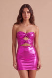 Gold Metallic Bodycon Strapless Keyhole Short Ruched Cocktail Dress