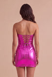 Gold Metallic Bodycon Strapless Keyhole Short Ruched Cocktail Dress