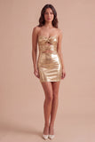 Gold Metallic Bodycon Strapless Keyhole Short Ruched Cocktail Dress
