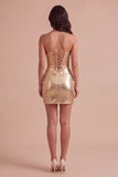 Gold Metallic Bodycon Strapless Keyhole Short Ruched Cocktail Dress