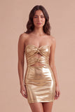 Gold Metallic Bodycon Strapless Keyhole Short Ruched Cocktail Dress
