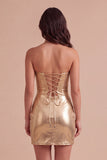 Gold Metallic Bodycon Strapless Keyhole Short Ruched Cocktail Dress