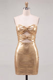 Gold Metallic Bodycon Strapless Keyhole Short Ruched Cocktail Dress